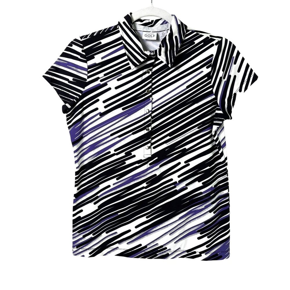 Chicos Zenergy Golf Polo Size 0 Us S Purple Black Silver Print Short Sleeve Snap